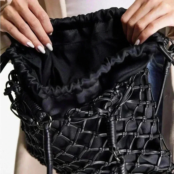 NWOT Top Shop Large Satin PU String Shoulder Tote Bag In Black - Picture 2 of 13